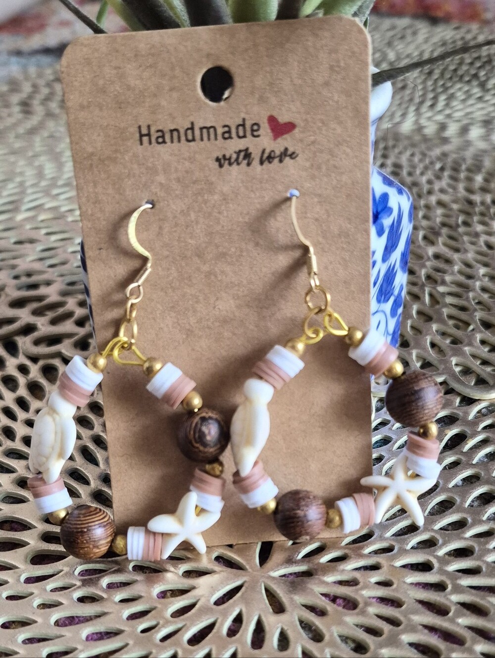 Handmade Gold-Tone Hoop Earrings with Cream, White & Brown Accents